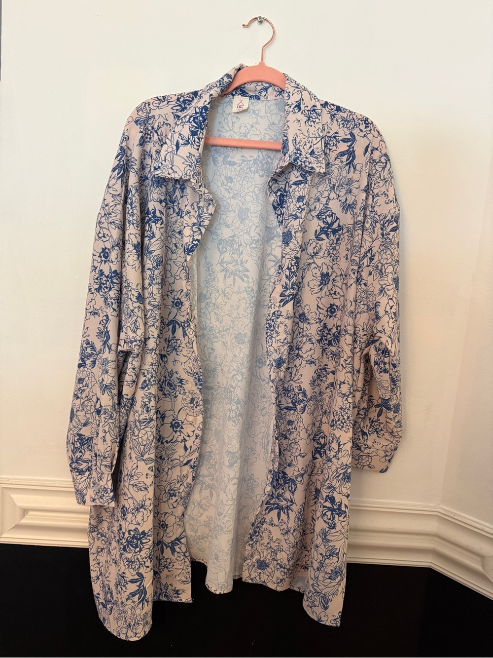 Draped Floral Button-Down Shirt - Blue on White